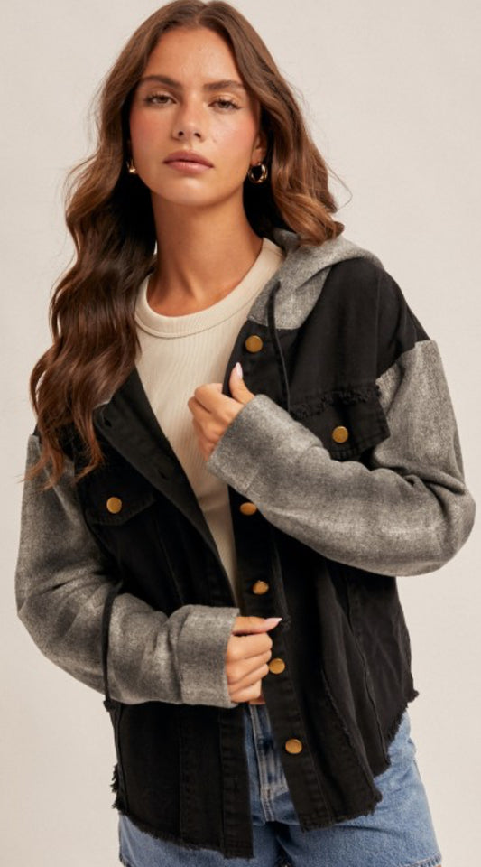 Black denim jacket with grey sleeves