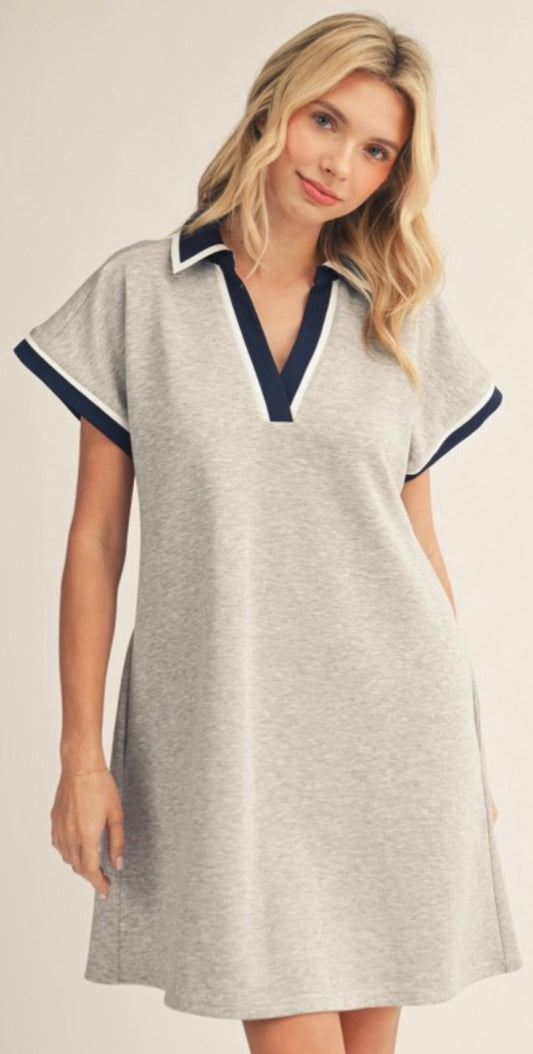 Grey relaxed fit v neck dress with navy and white colorblock
