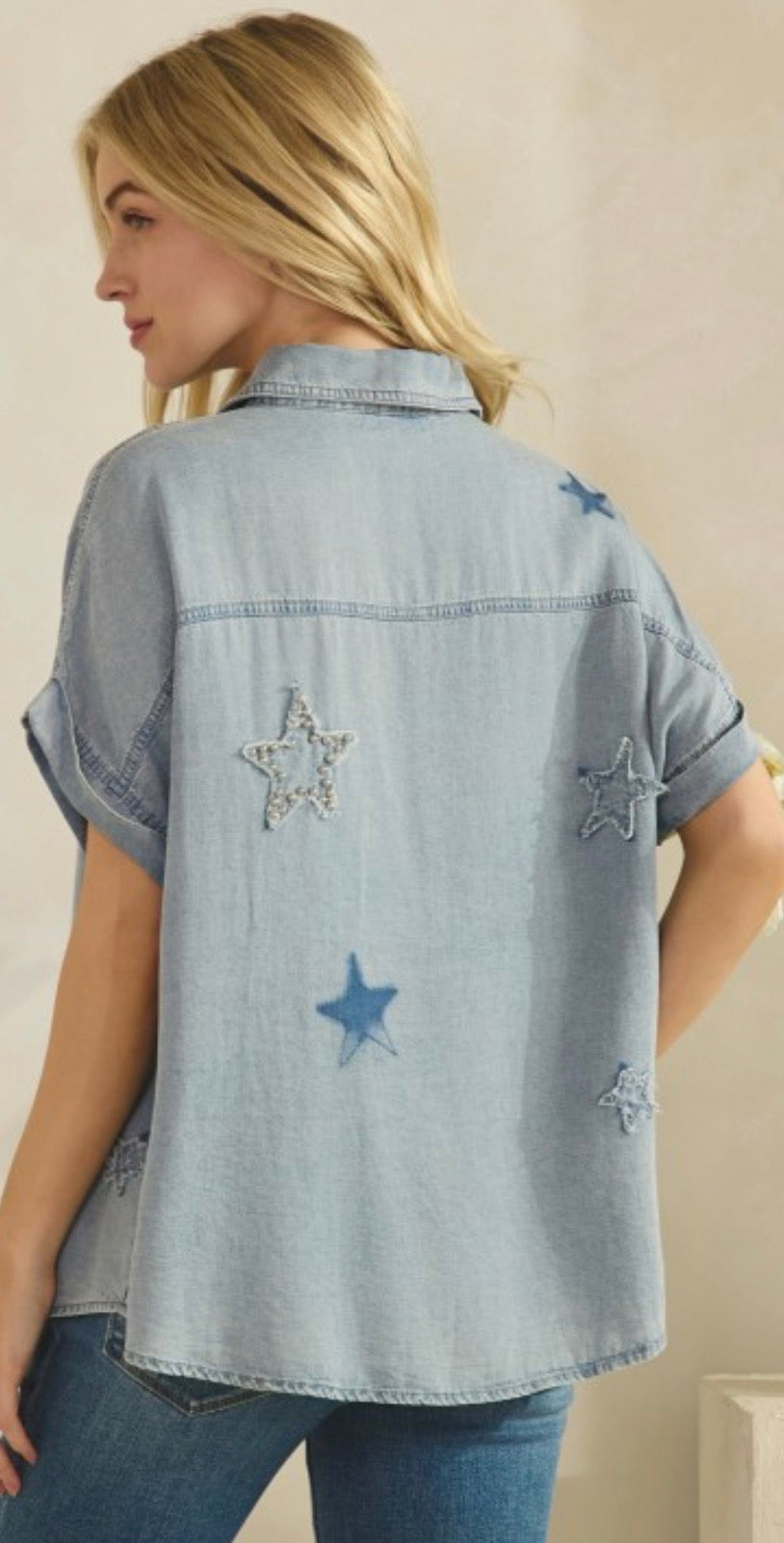 Denim button down short sleeve blouse with stars