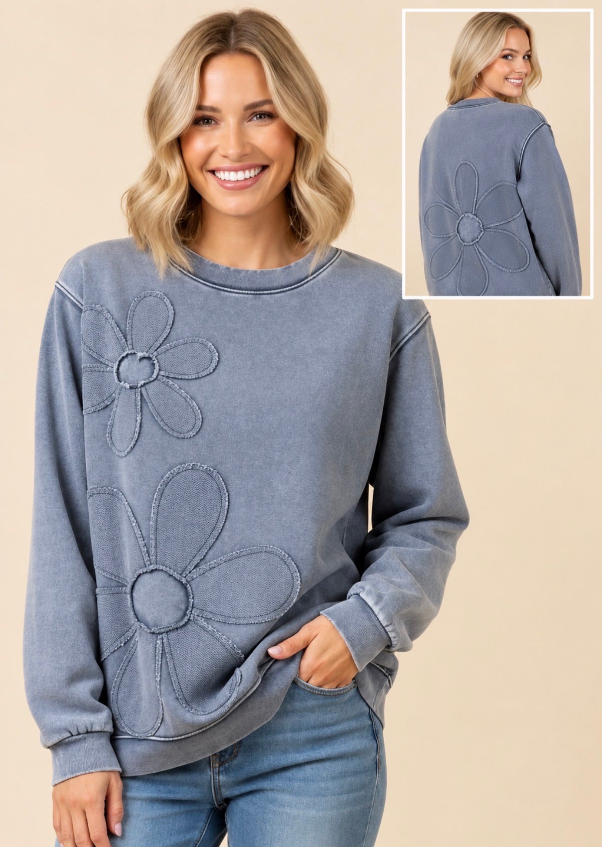 Arriving Wednesday afternoon…Blue sweatshirt with tonal daisies on front and back