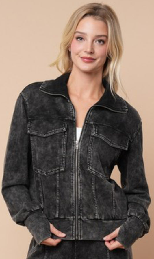 Black mineral wash fleece moto jacket