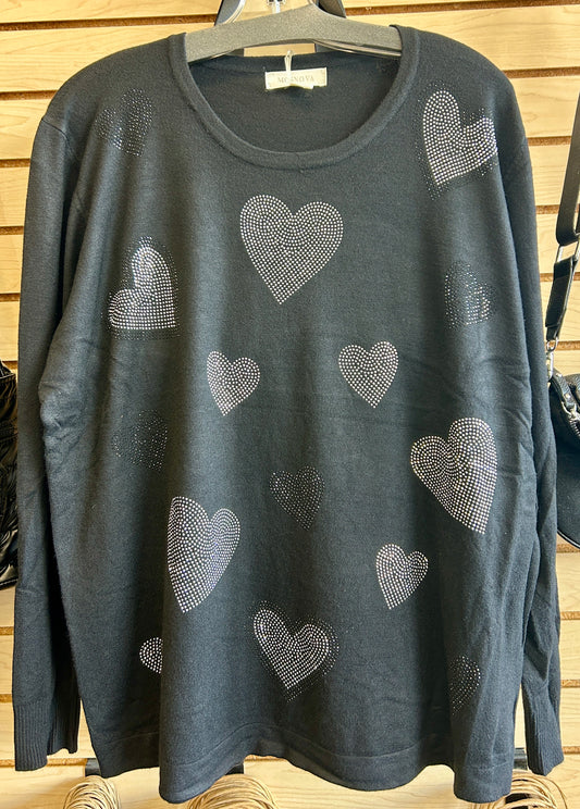 Black soft knit top with crystal hearts