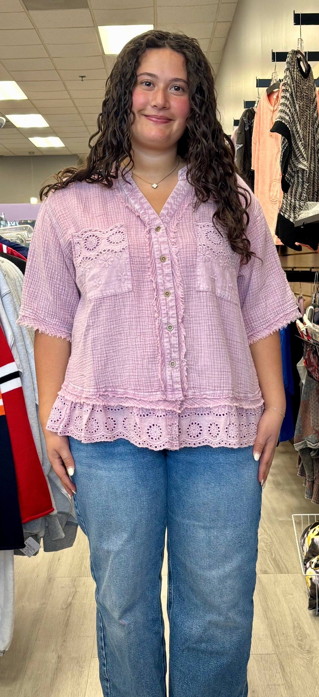 Lilac loose fit blouse with eyelet detail