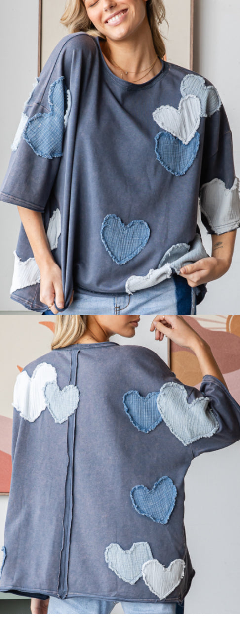 Blue oversized top with gauze heart patches all over (available up to size 1X/2X)