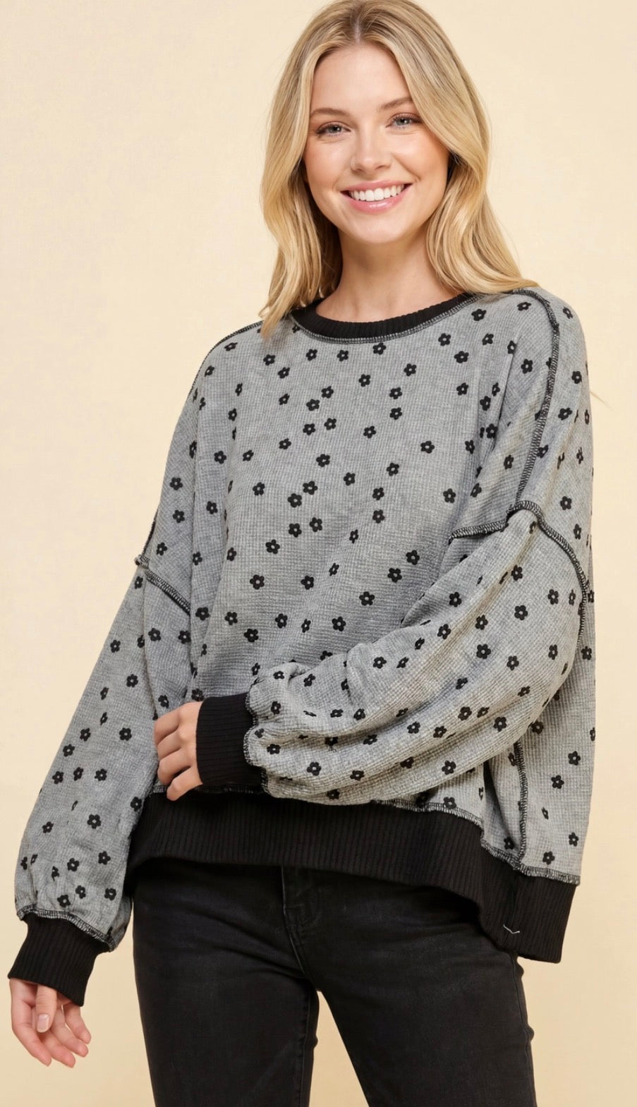 PREORDER NOW, Arriving Friday…Grey loose fit thermal top with small black daisies and black trim