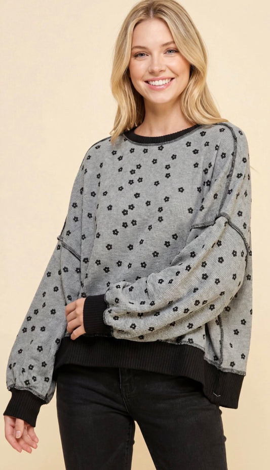 PREORDER NOW, Arriving Friday…Grey loose fit thermal top with small black daisies and black trim