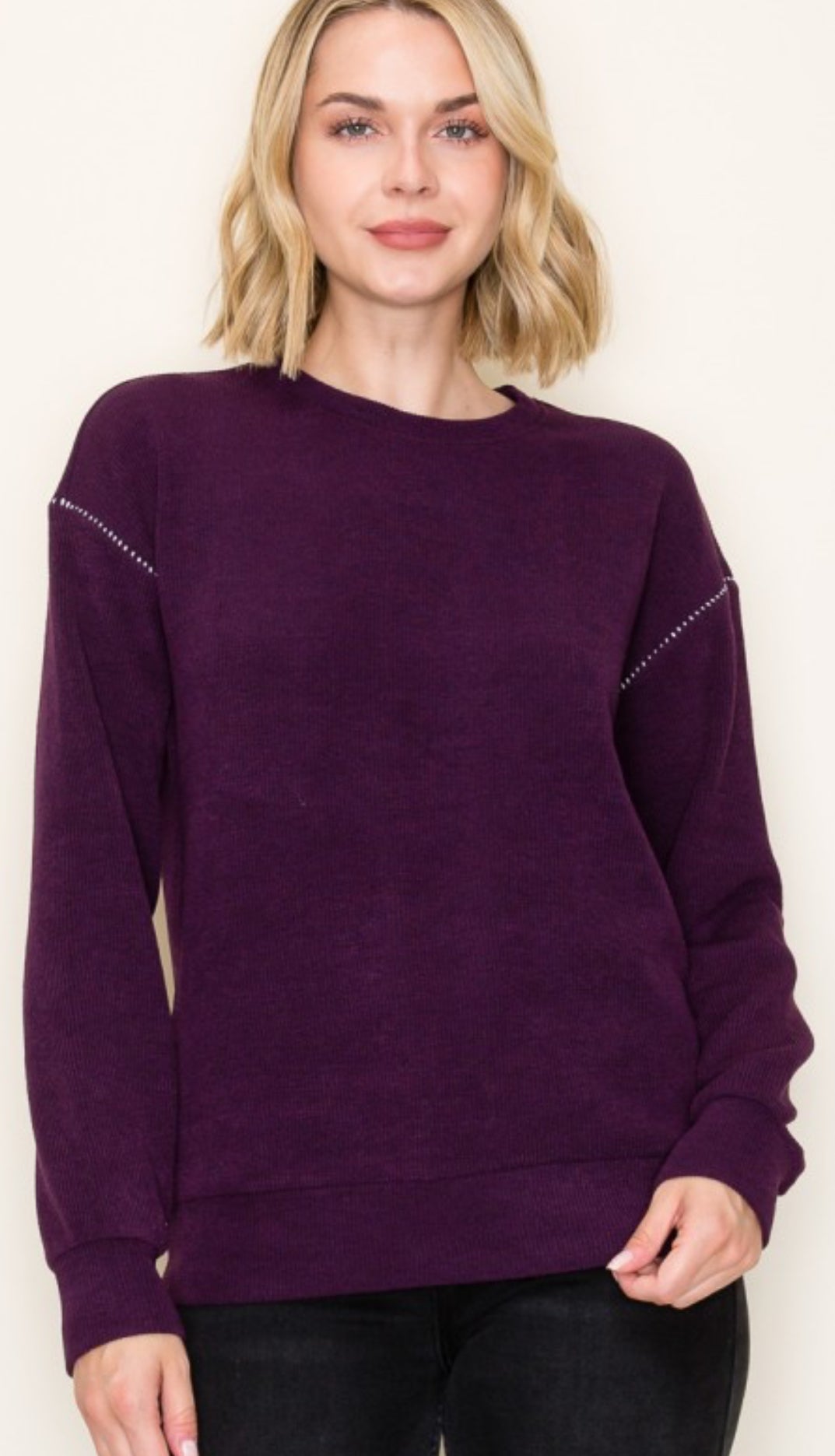 Black or Plum textured sweater knit top with sleeve stitching
