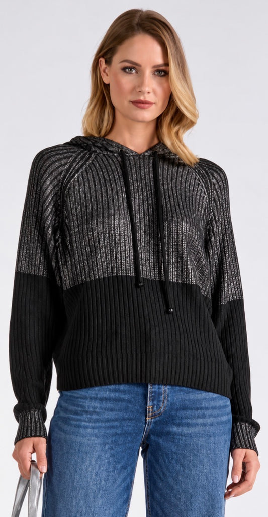 PREORDER NOW, Arriving 10/29…Black/silver ombre metallic soft knit hooded sweater