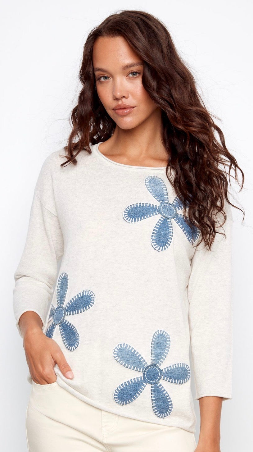 PREORDER NOW, Arriving Tuesday…Charlie B off white soft, lightweight sweater with floral denim patches