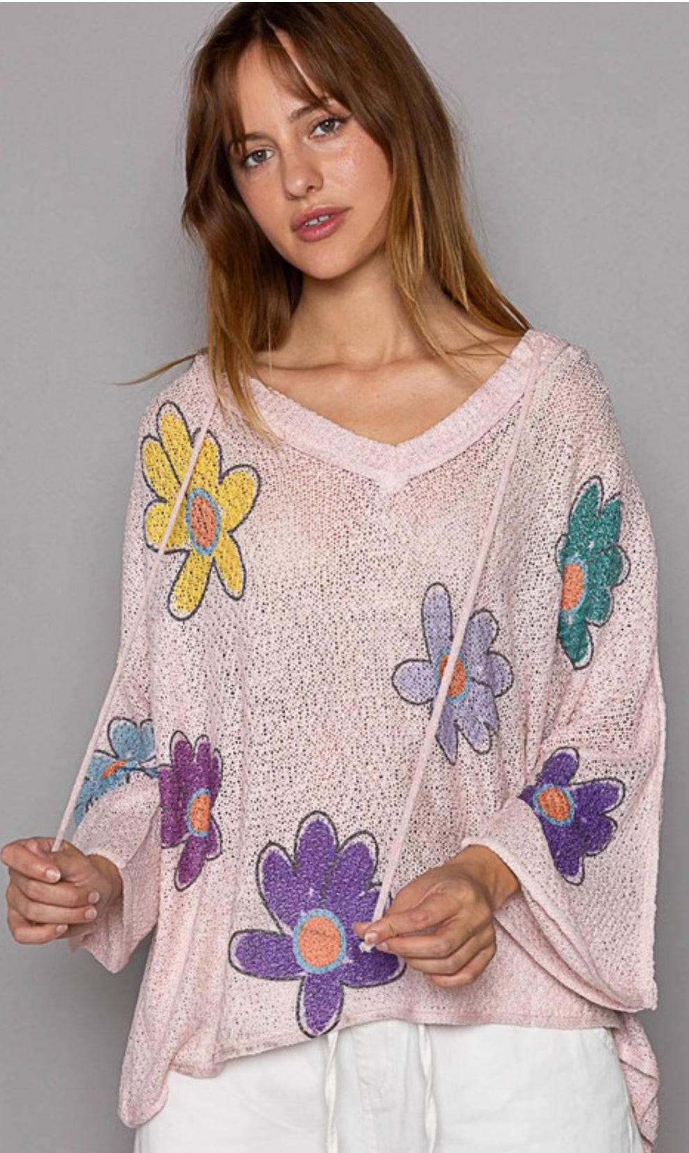 Pink lightweight soft knit loose fit hoodie with multi flowers NEW COLOR IN BEST SELLING STYLE!