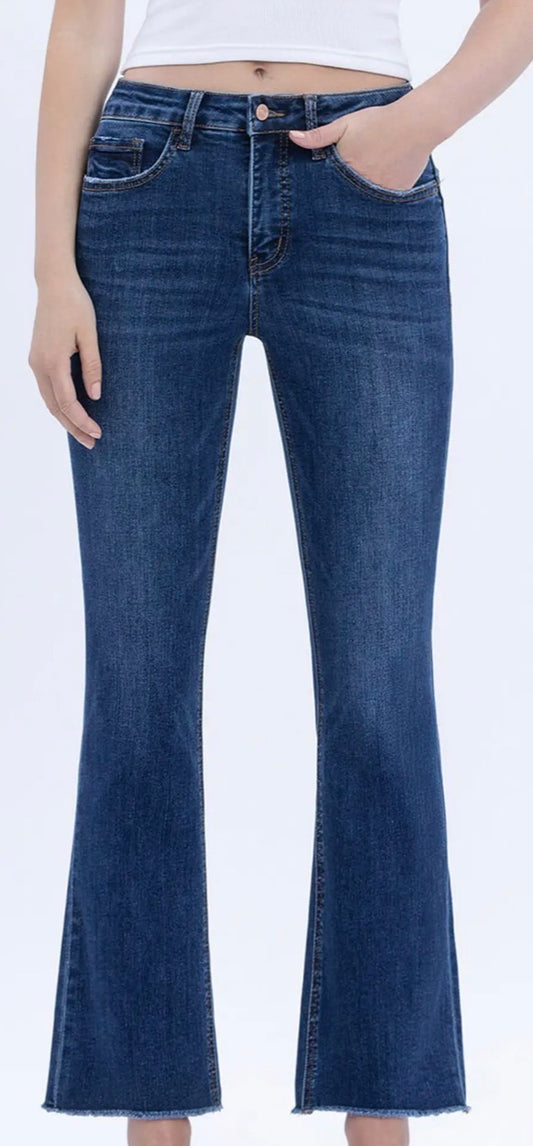 Tummy control dark denim kick flare jeans with raw hem and stretch, perfect length for most!
