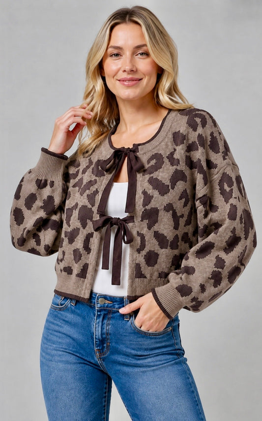 Brown leopard tie front sweater knit cardigan