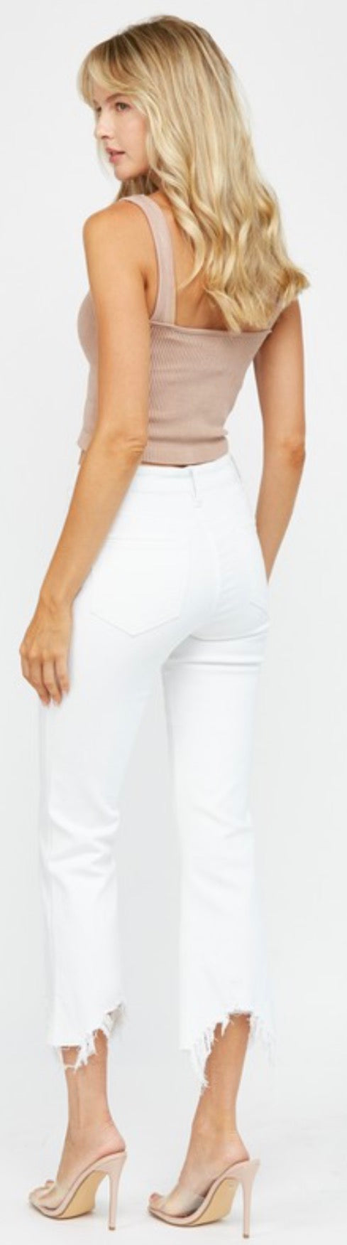 Mica white mid rise crop flare jeans with stretch and fray bottom