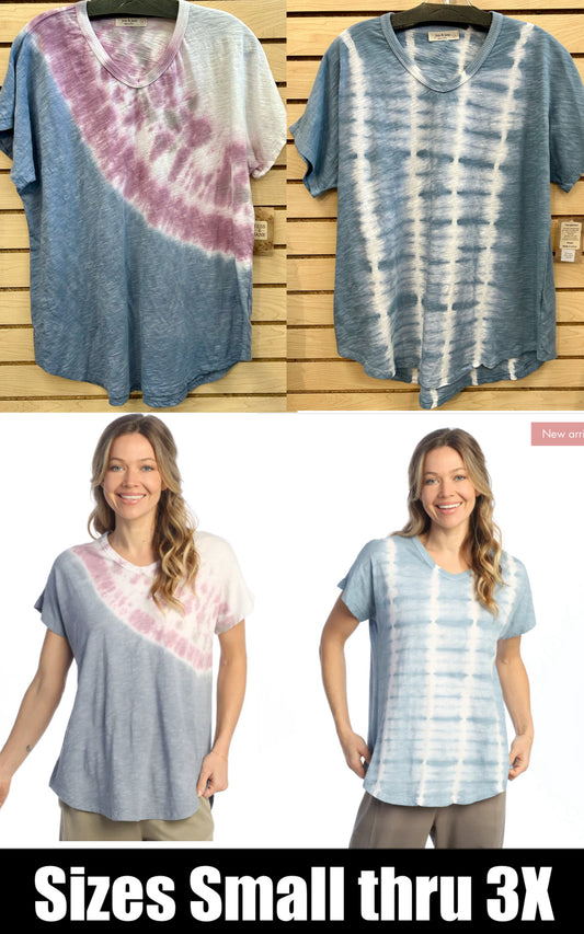 Jess & Jane cotton tie dye short sleeve tees (Sizes S through 3X and we have MANY more styles available in the store, see pics on Facebook)
