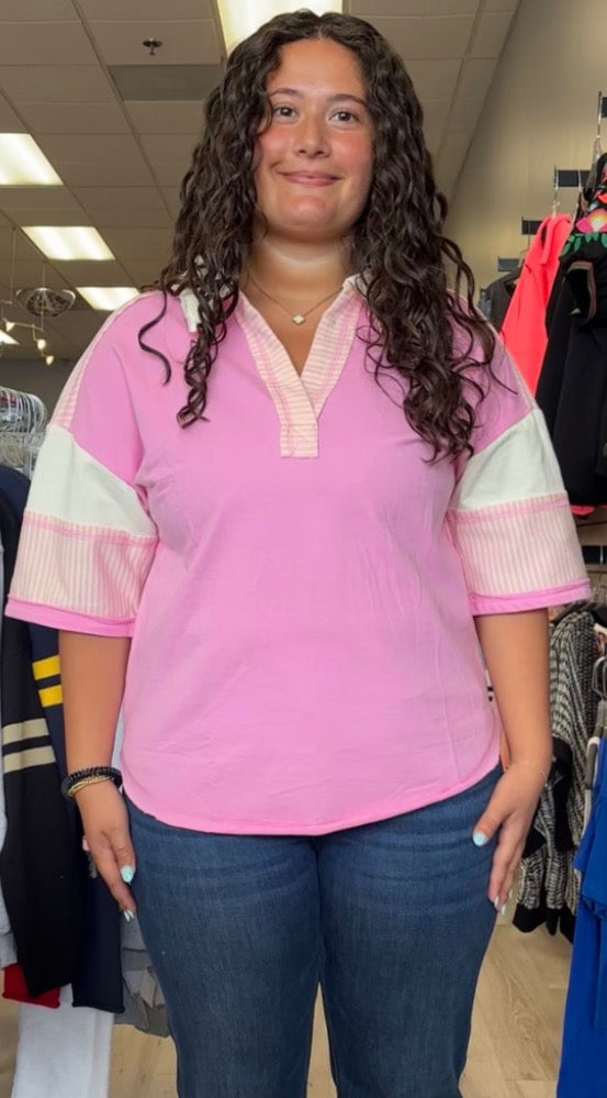 Pink elbow sleeve rugby top