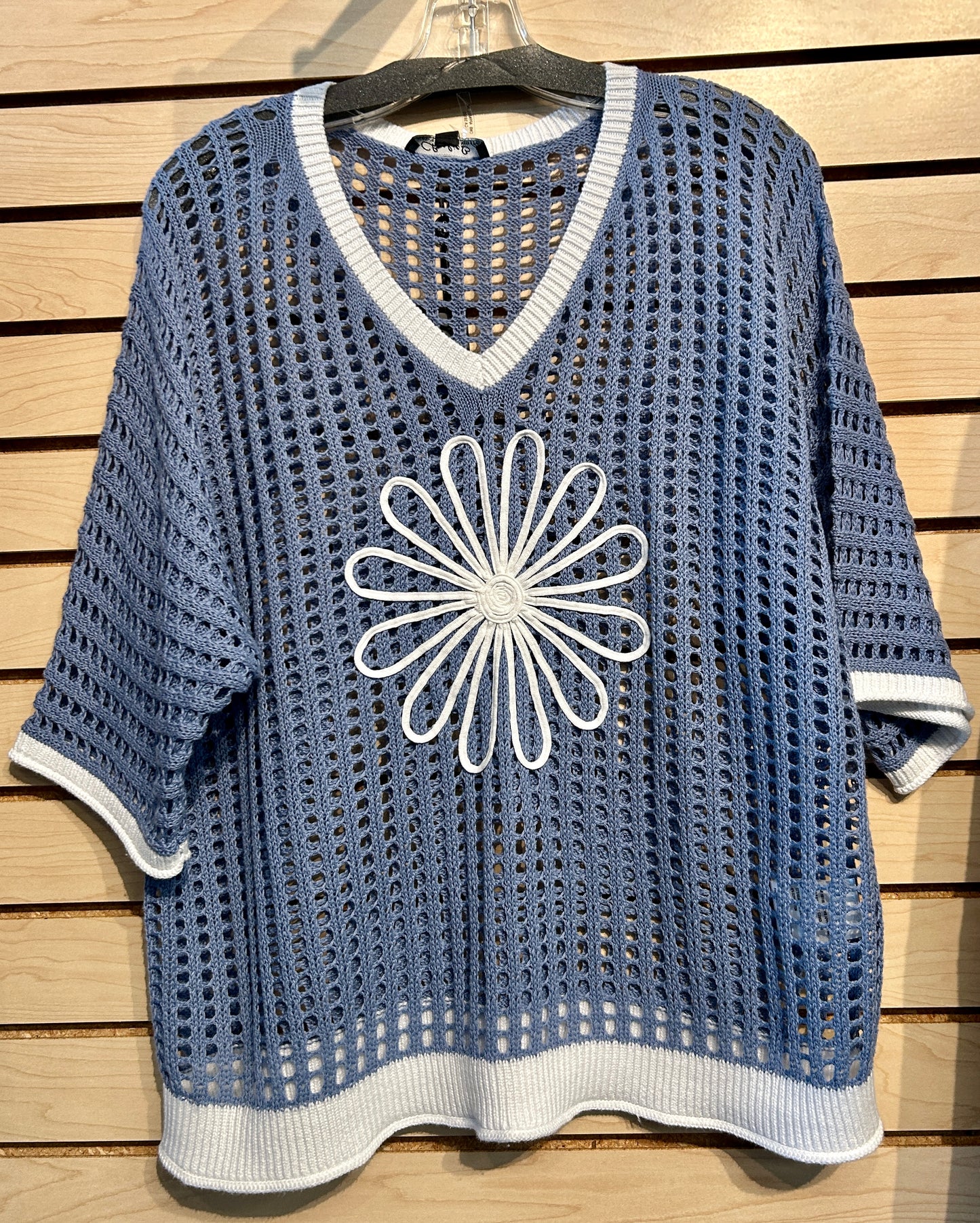 Charlie B blue crochet v neck top with white daisy