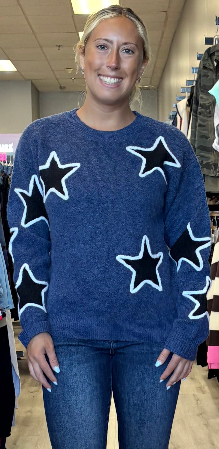 Navy sweater with black and white stars