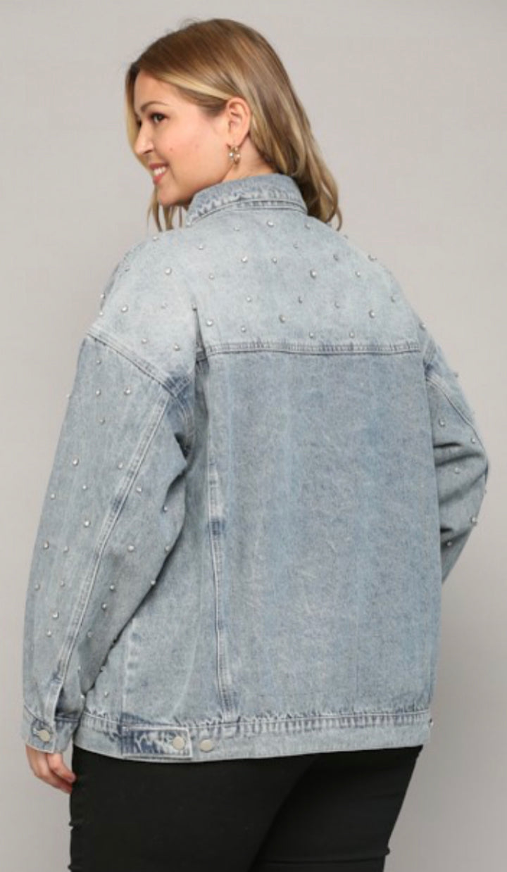Plus size denim jacket with crystals all over
