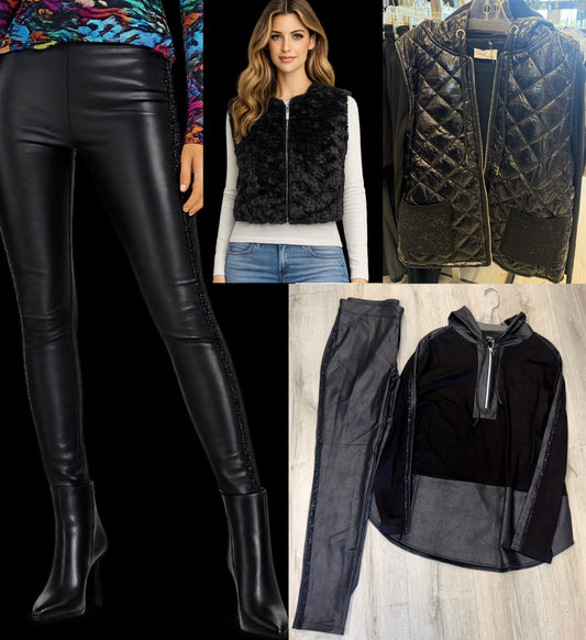 Faux leather bling side leggings, faux fur vest and puffer vest with black rhinestone pockets