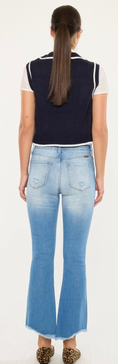 Light wash crop flare jean with stretch