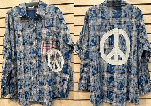 Blue oversized flannel with peace sign on back (available up to 2X/3X)