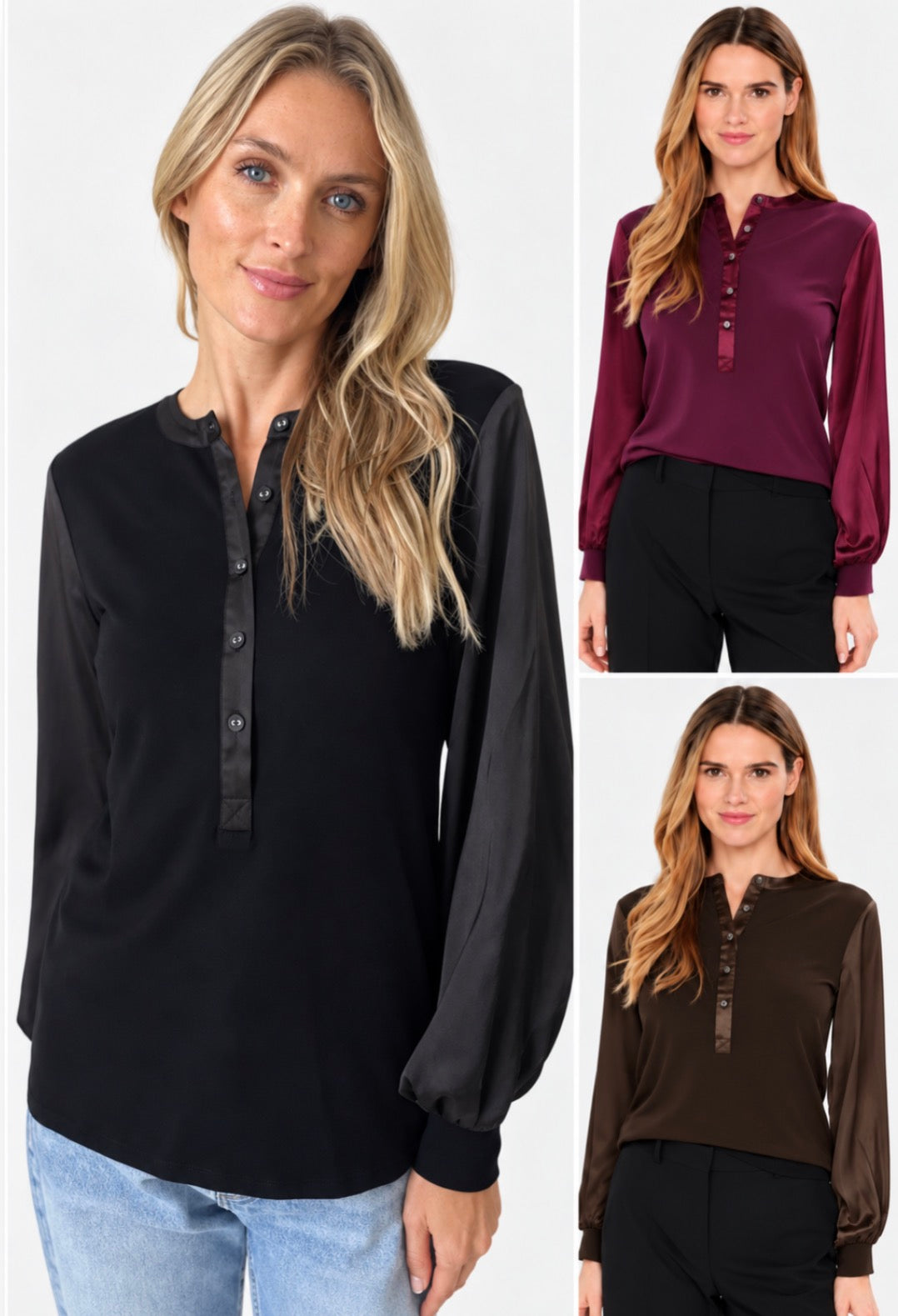 PREORDER NOW, Arriving Thursday…Six Fifty Janie satin sleeve tops in 3 colors (black, brown and burgundy)