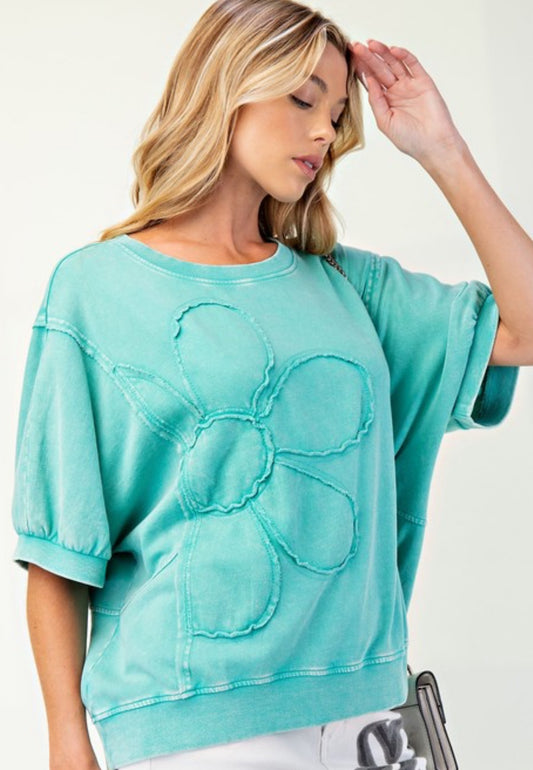 Aqua lightweight short sleeve sweatshirt with tonal flower