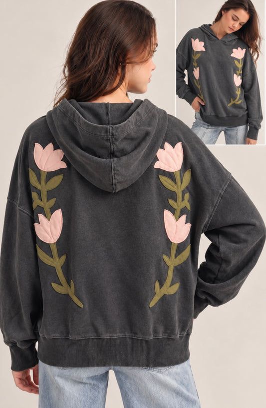 Black loose fit hoodie with embroidered flowers on front and back (please see pic 2 for actual color)