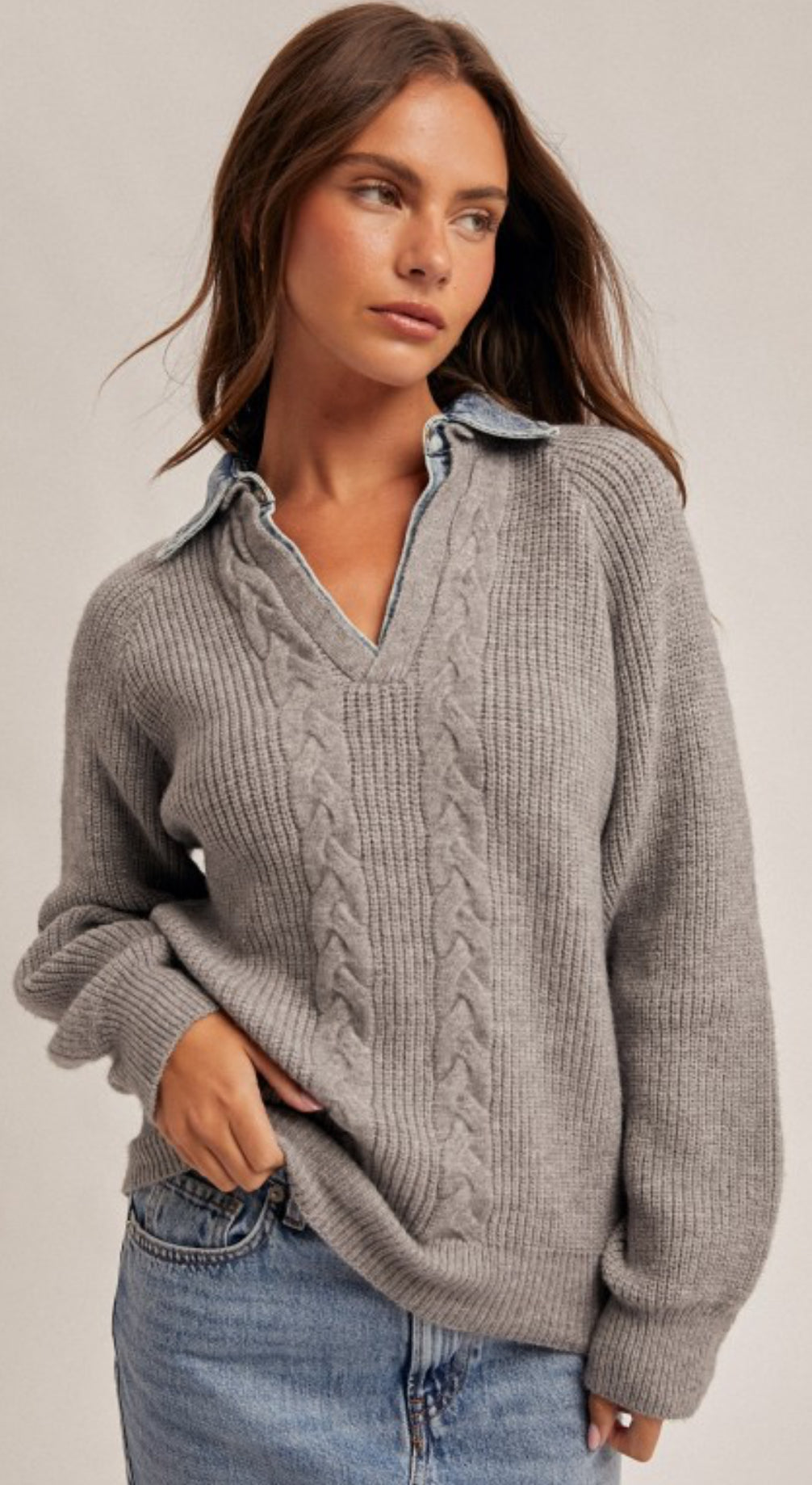 Grey cable knit sweater with denim collar