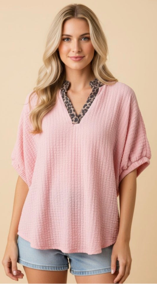 Pink loose fit elbow sleeve top with leopard trim PLEASE NOTE: pink is brighter in person, see pic 2