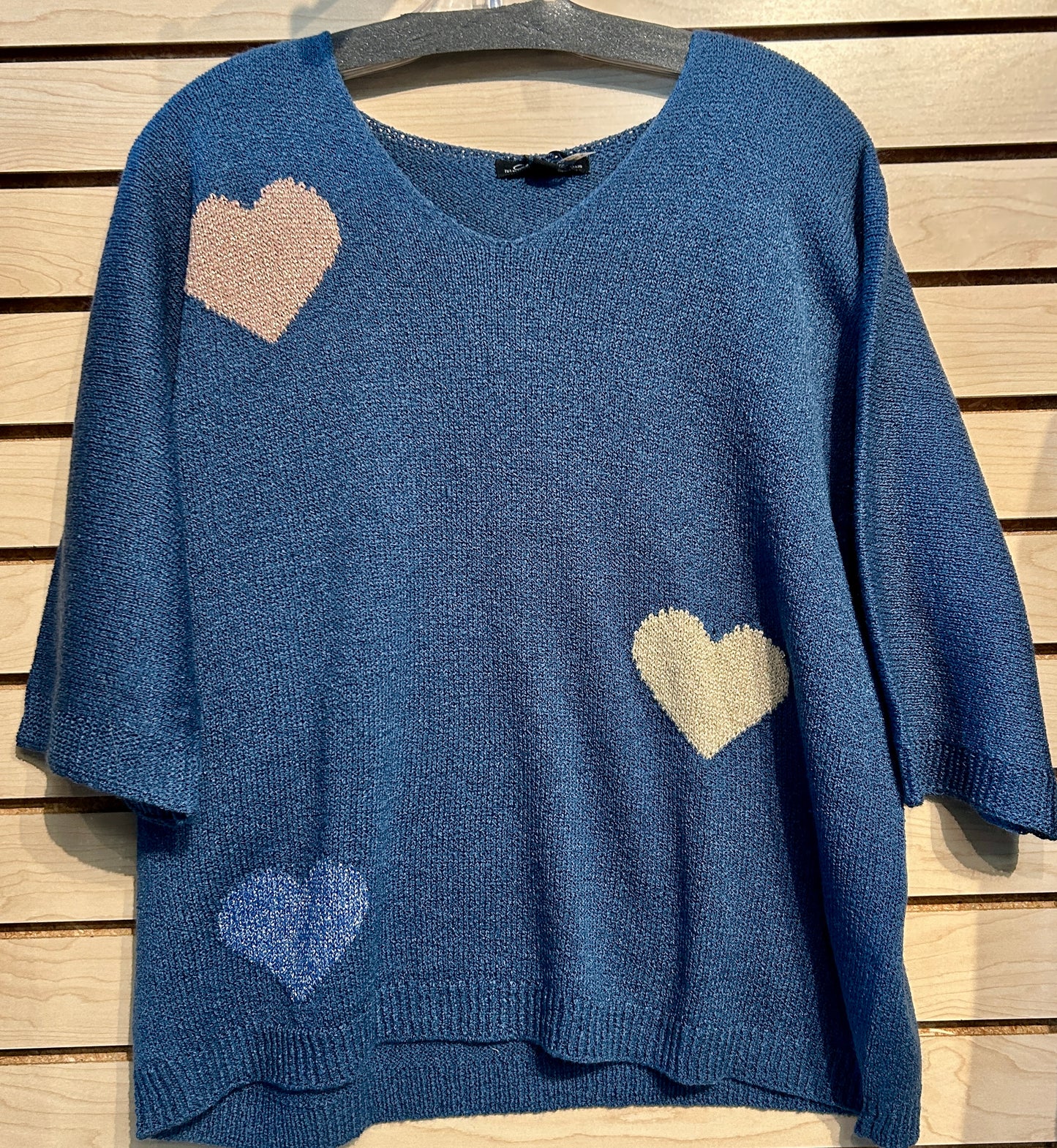 Charlie B navy soft, lightweight dolman sweater with hearts