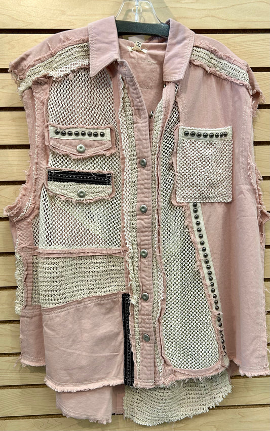 Pink vest with studs and crochet (layer over a short sleeve or long sleeve tee) available up to 2X