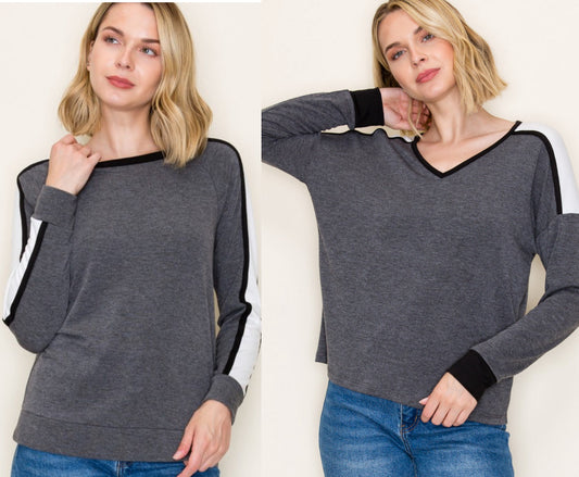 Grey top with sleeve stripes, available in crew or v neck