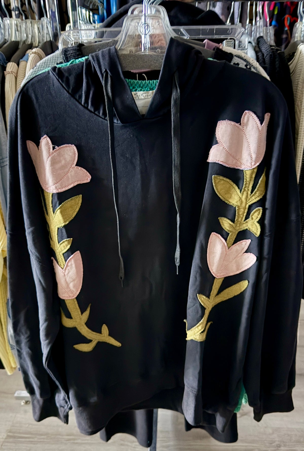 Black loose fit hoodie with embroidered flowers on front and back (please see pic 2 for actual color)