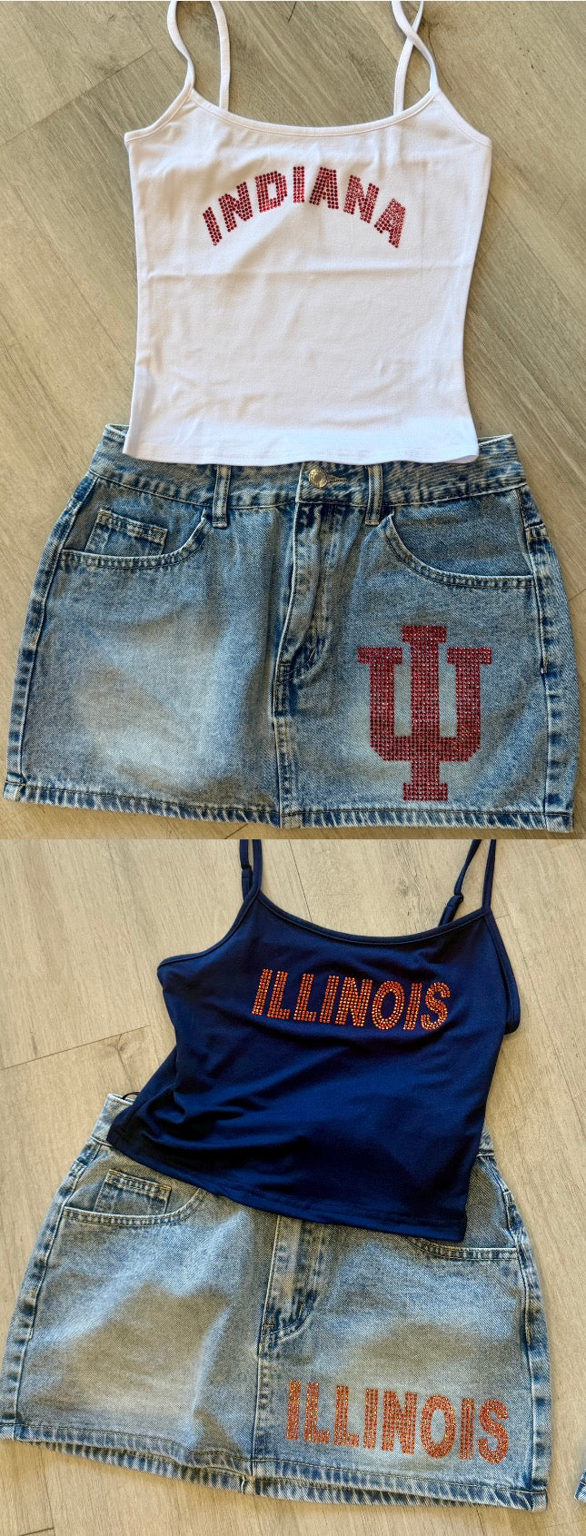 Custom low waist denim skirts with bling! Looks great paired with our bling tank tops! (ALL schools are available to order)