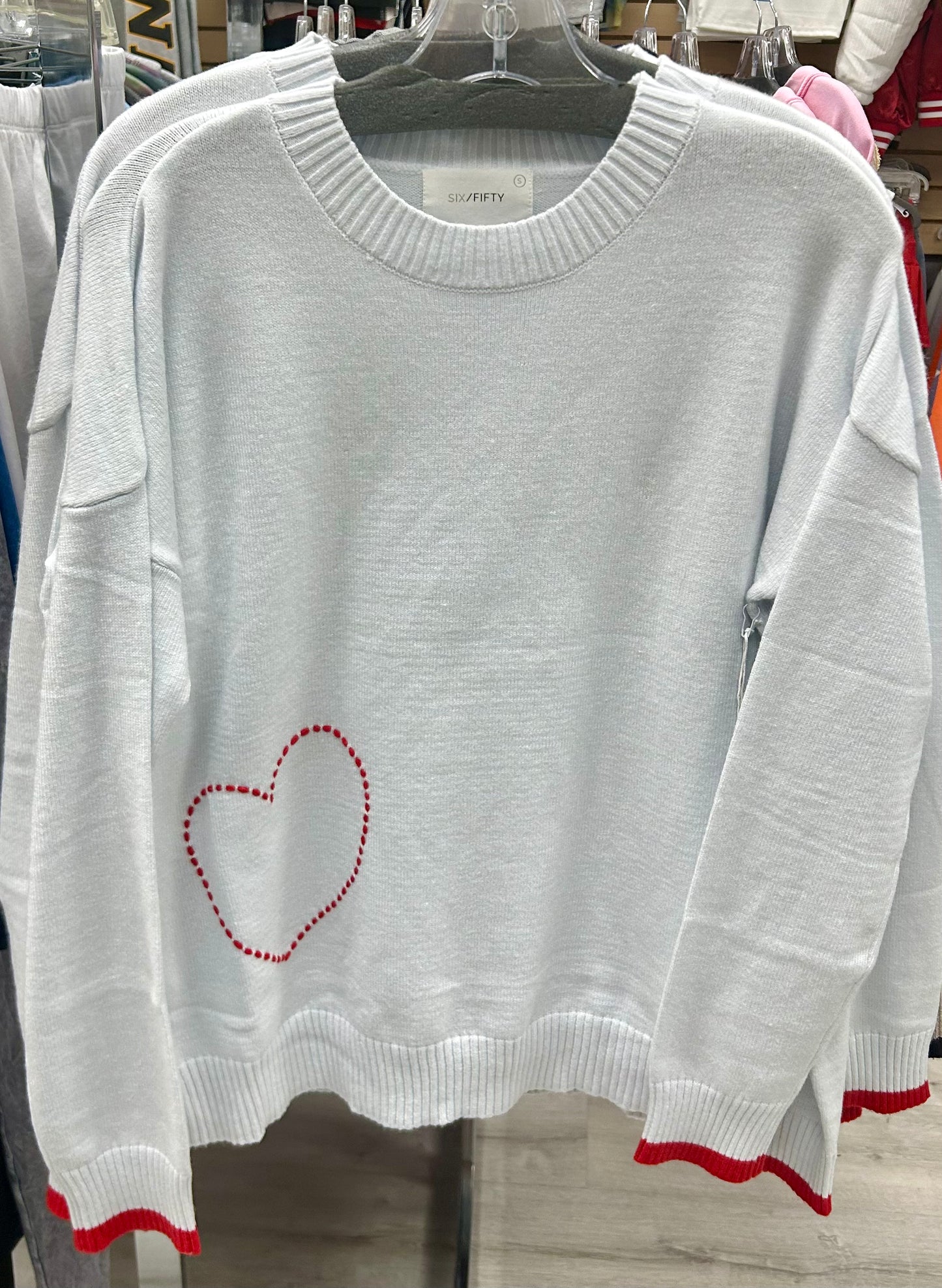 Six Fifty light blue soft knit Pookie sweater with red heart and trim