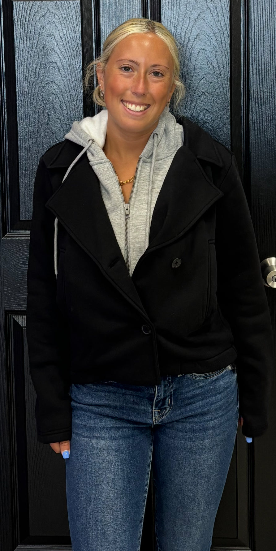 Vintage Havana black blazer with grey fleece hooded zip front insert