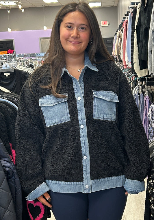 Black snap front soft sherpa jacket with denim trim and pockets