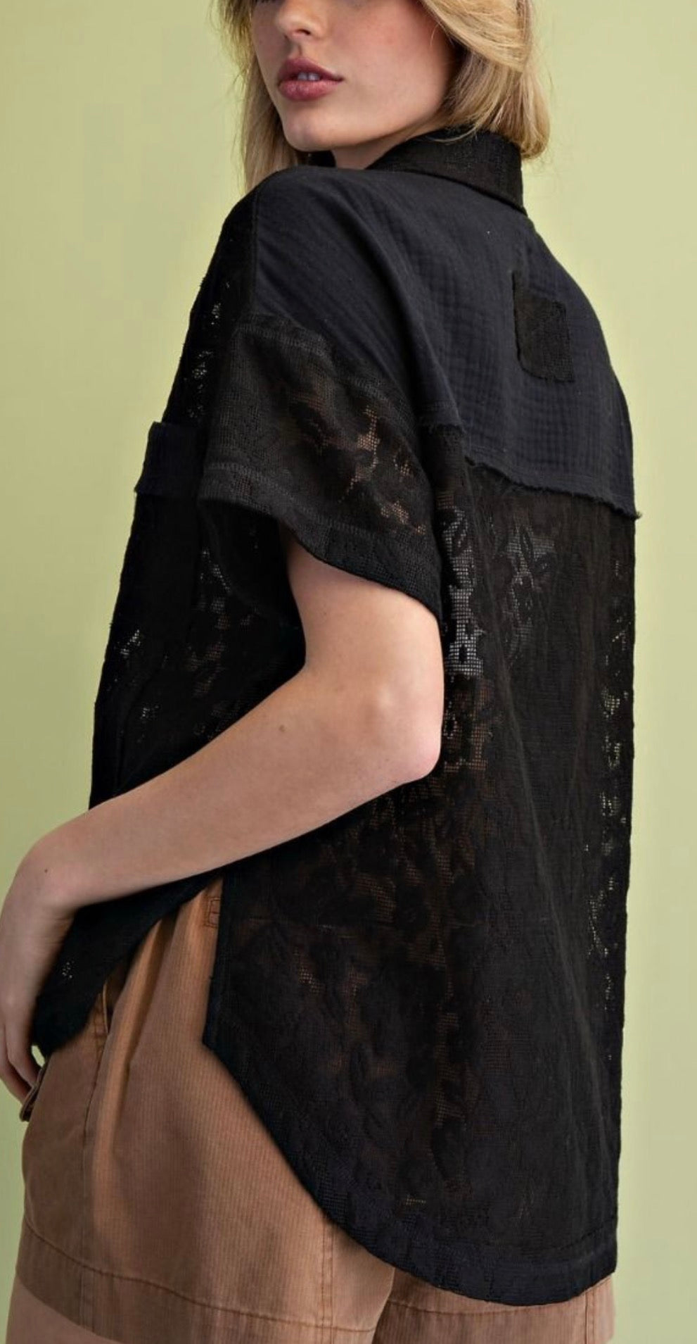 Black lace short sleeve loose fit blouse