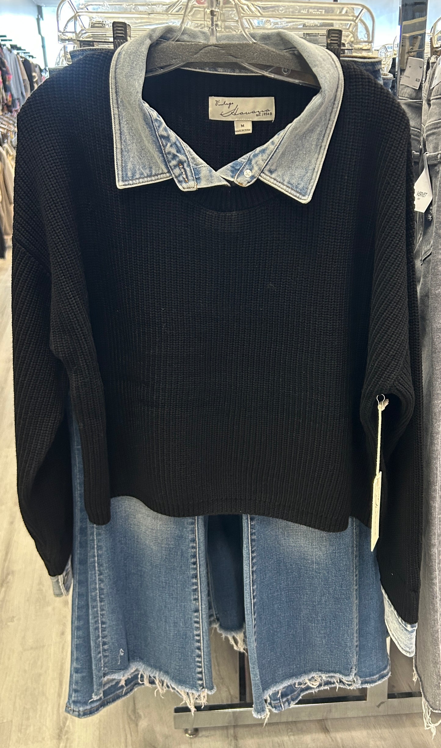 Vintage Havana black sweater with denim collar and wrists
