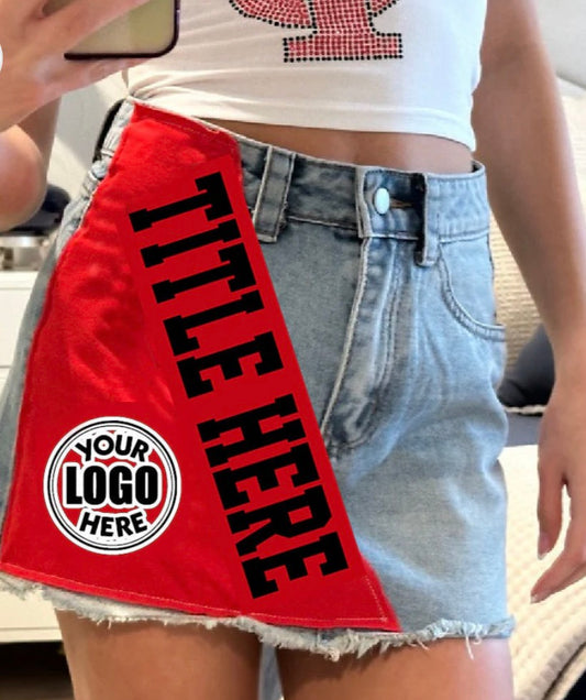 In stock & Custom order denim skirt with fleece patch (available to order for ANY school)