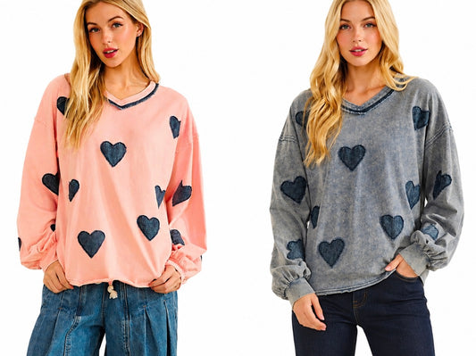 Pink and blue v neck french terry sweatshirts with denim heart patches