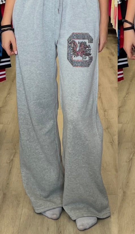 Custom & in stock bling wide leg sweats with crystals (most schools are available to order)
