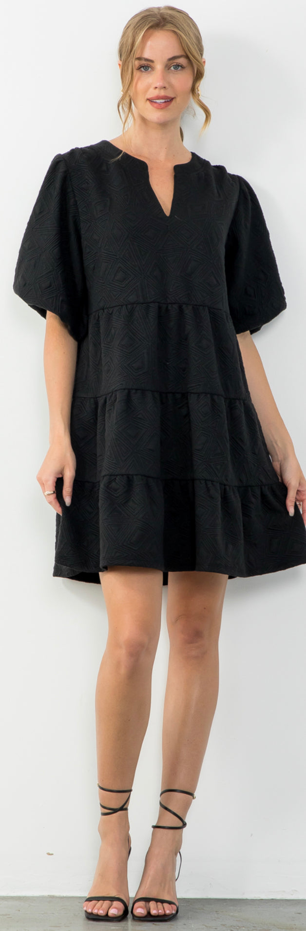 THML black puff sleeve textured dress