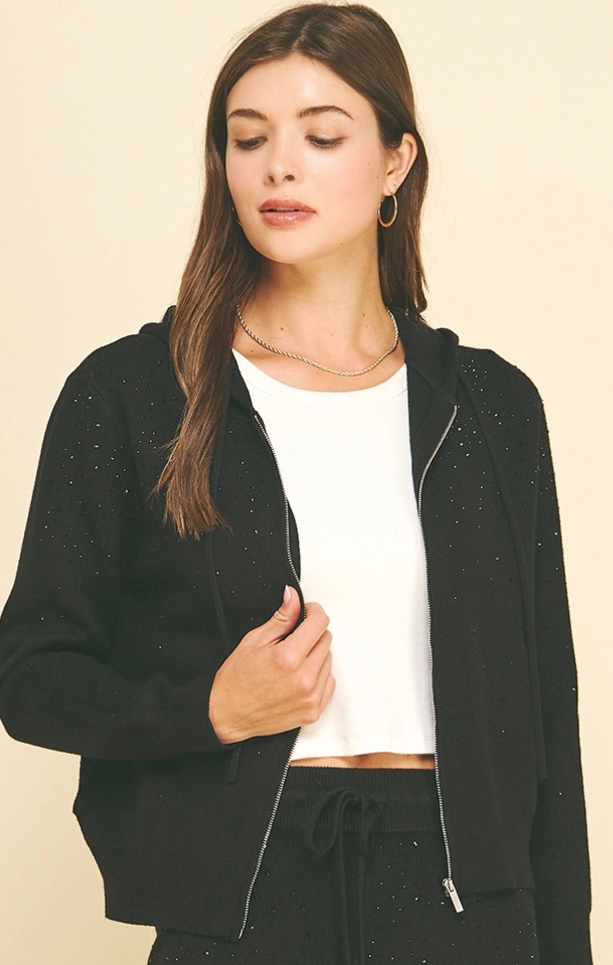 Black soft knit zip hooded sweater with black crystals