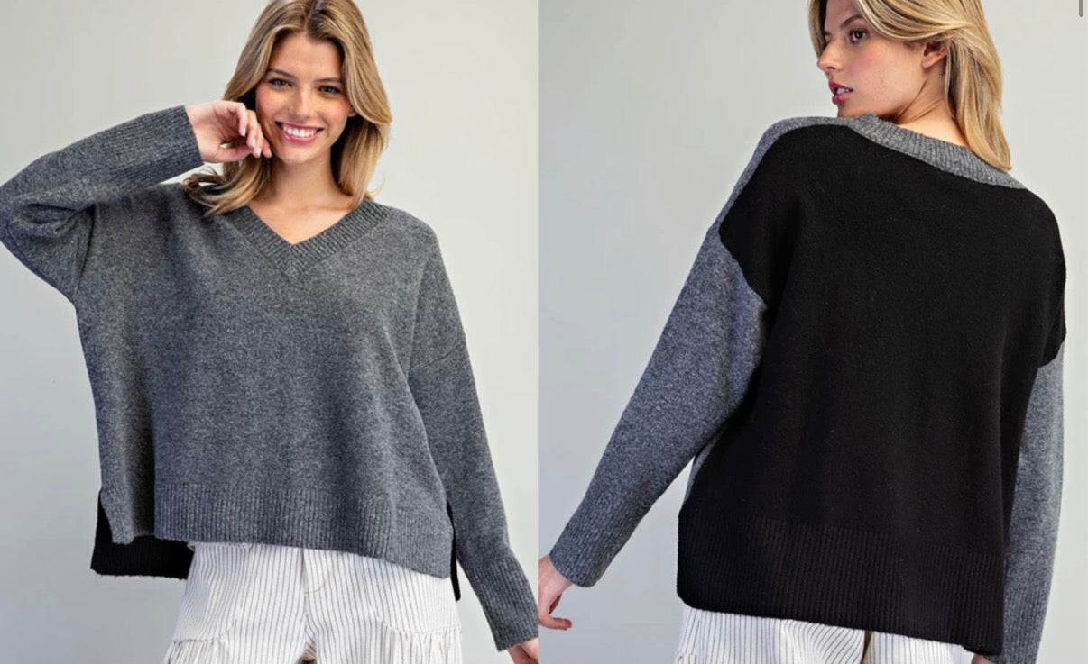 PREORDER NOW, Arriving Thursday…Grey soft knit v neck sweater with black back