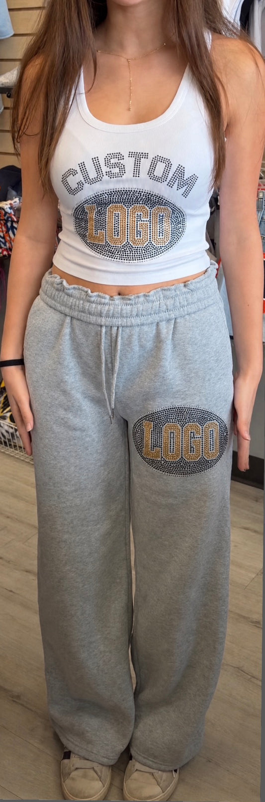 Custom & in stock bling wide leg sweats with crystals (most schools are available to order)