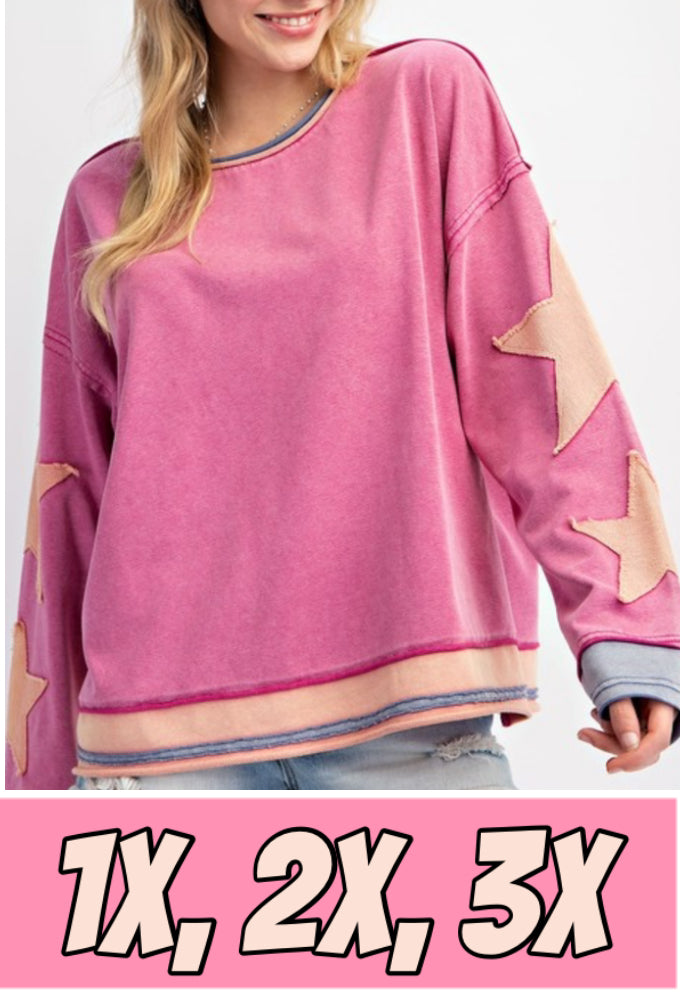 PLUS SIZE magenta oversized sweatshirt with star patches