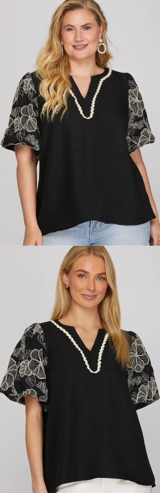 Black top with black/white embroidered puff sleeves, available sizes Small through 2X