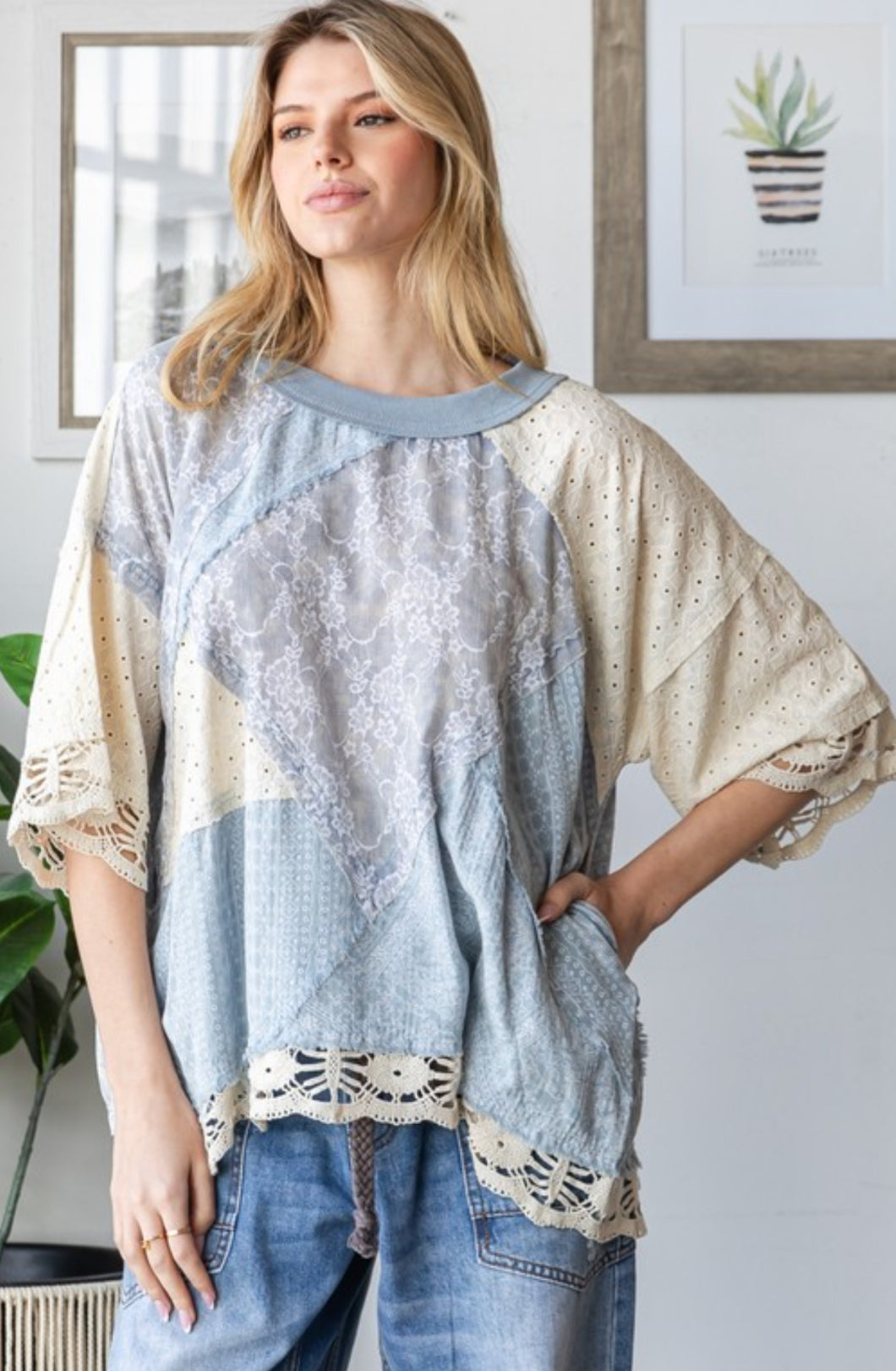 Blue lace and crochet loose fit top (available up to size 2X/3X)
